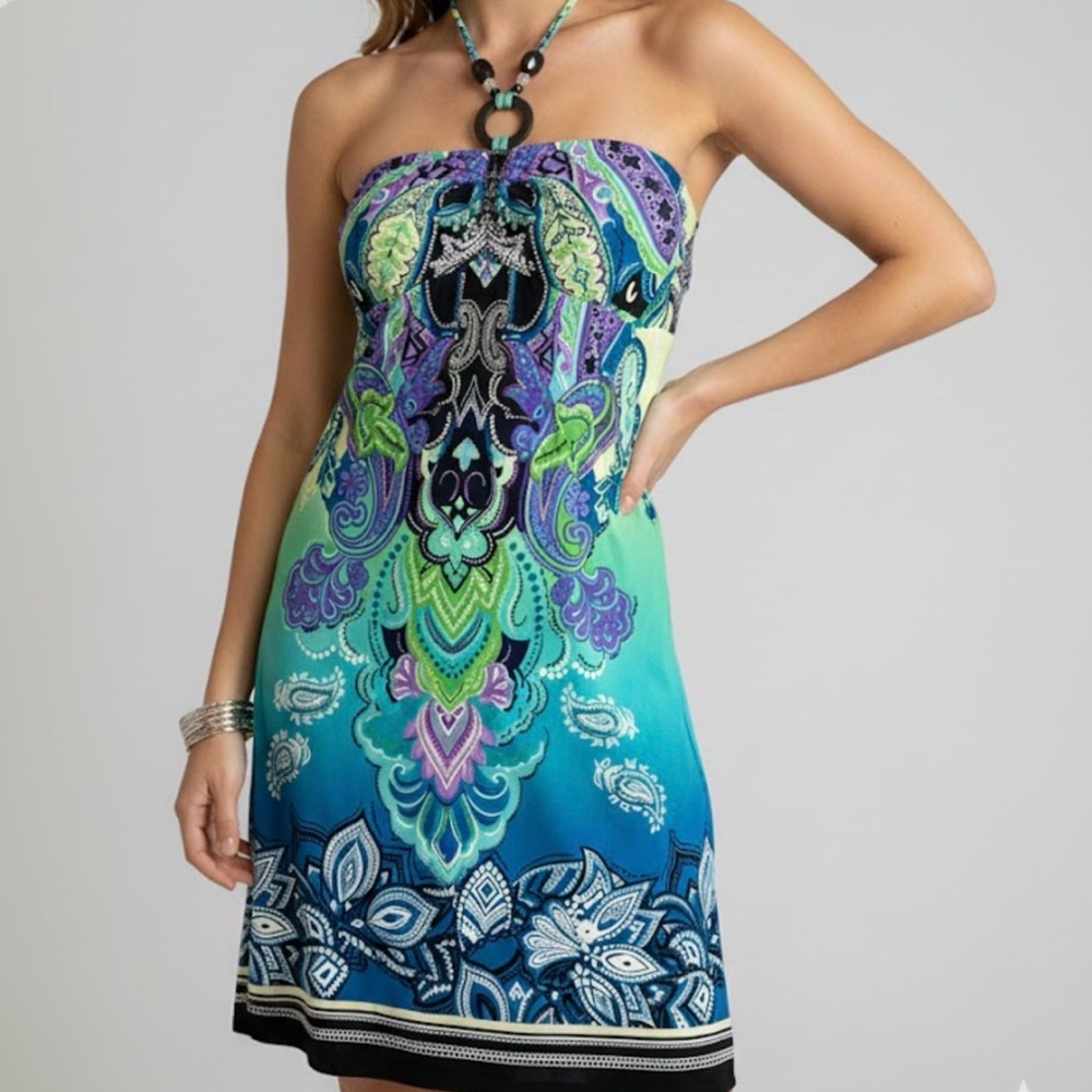 Vintage Carole Little Paisley Halter Dress Beaded Boho Whimsigoth Teal Size 12